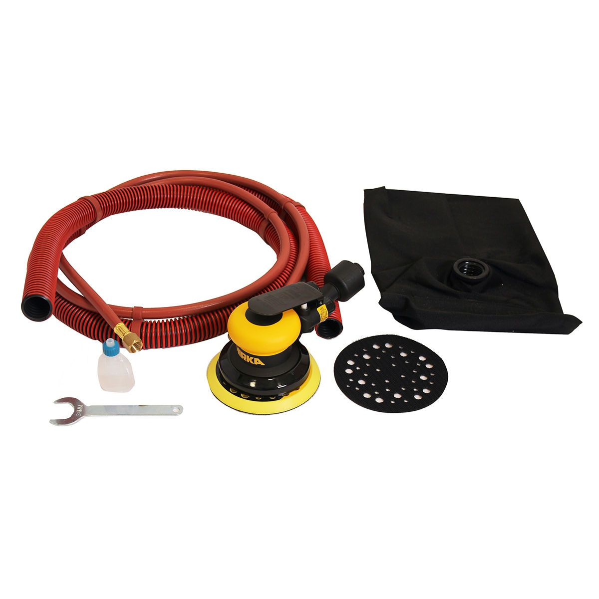 Mirka 5 inch SGV Sander 8mm Orbit with hose and vacuum components for dust-controlled sanding in shop surface preparation work