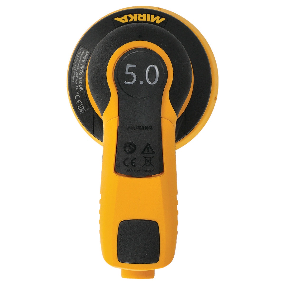 Mirka 5 inch SGV Sander 8mm Orbit angled detail view showing compact body and 5 inch sanding pad for finish prep and stock removal