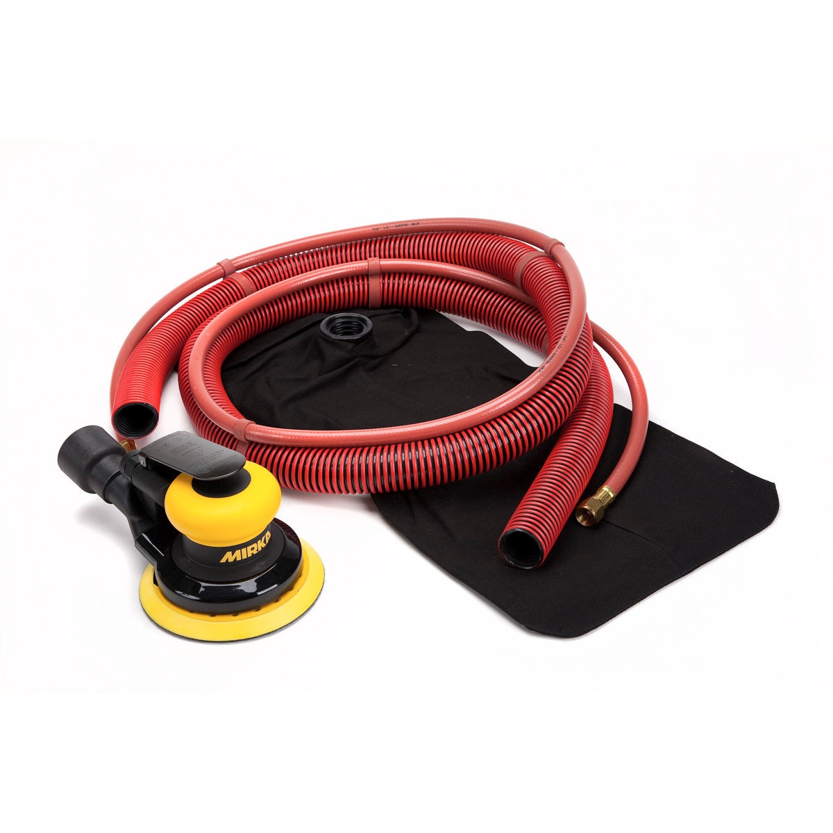 Mirka Pneumatic 5 Inch 5mm Orbital SGV Sander with hose and dust bag for sanding and dust collection in a shop finishing setup