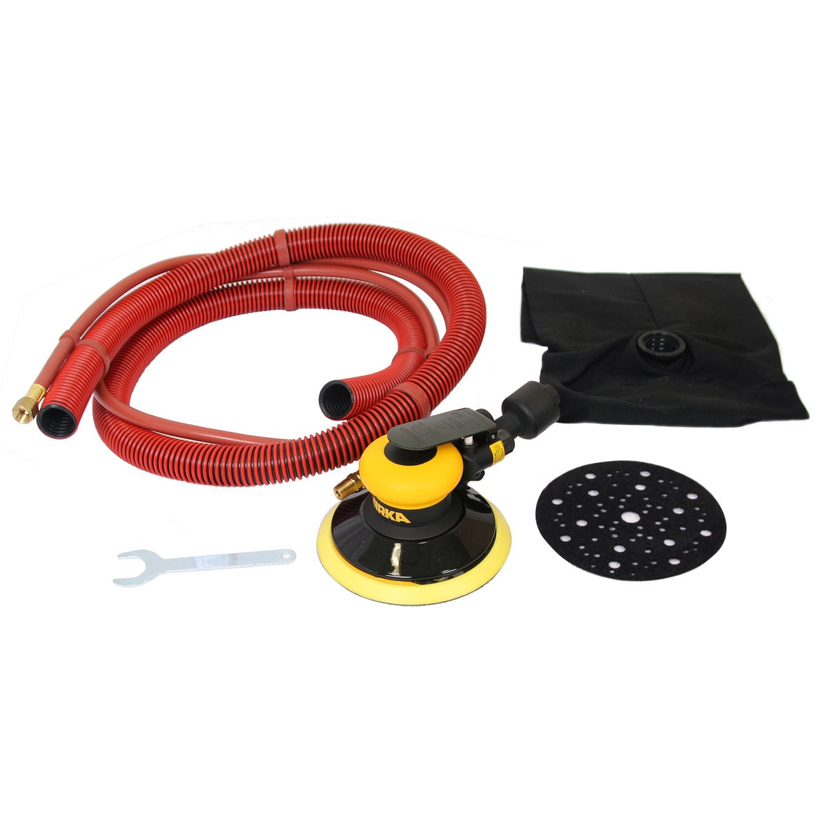 Mirka MR-6SGV 6 inch SGV Sander with 5 mm Orbit pneumatic random orbital sander with hose and dust collection accessories for professional surface prep in a shop setting
