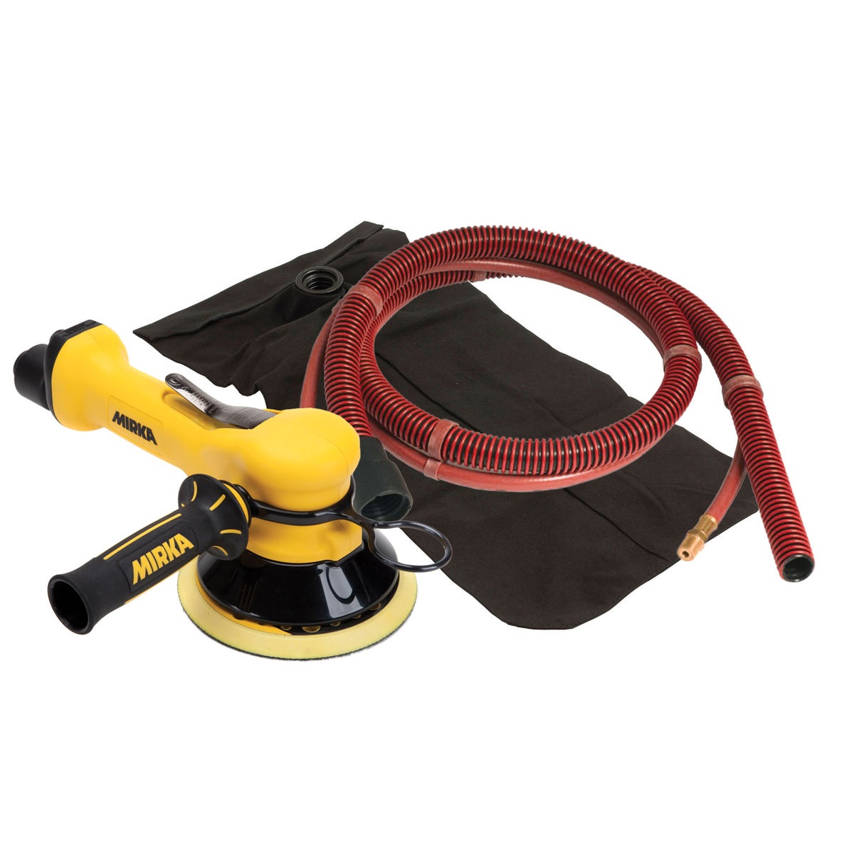 Mirka 6 inch Two-Handed SGV Sander 10mm Orbit with hose and dust bag for surface sanding and dust collection in a workshop setting