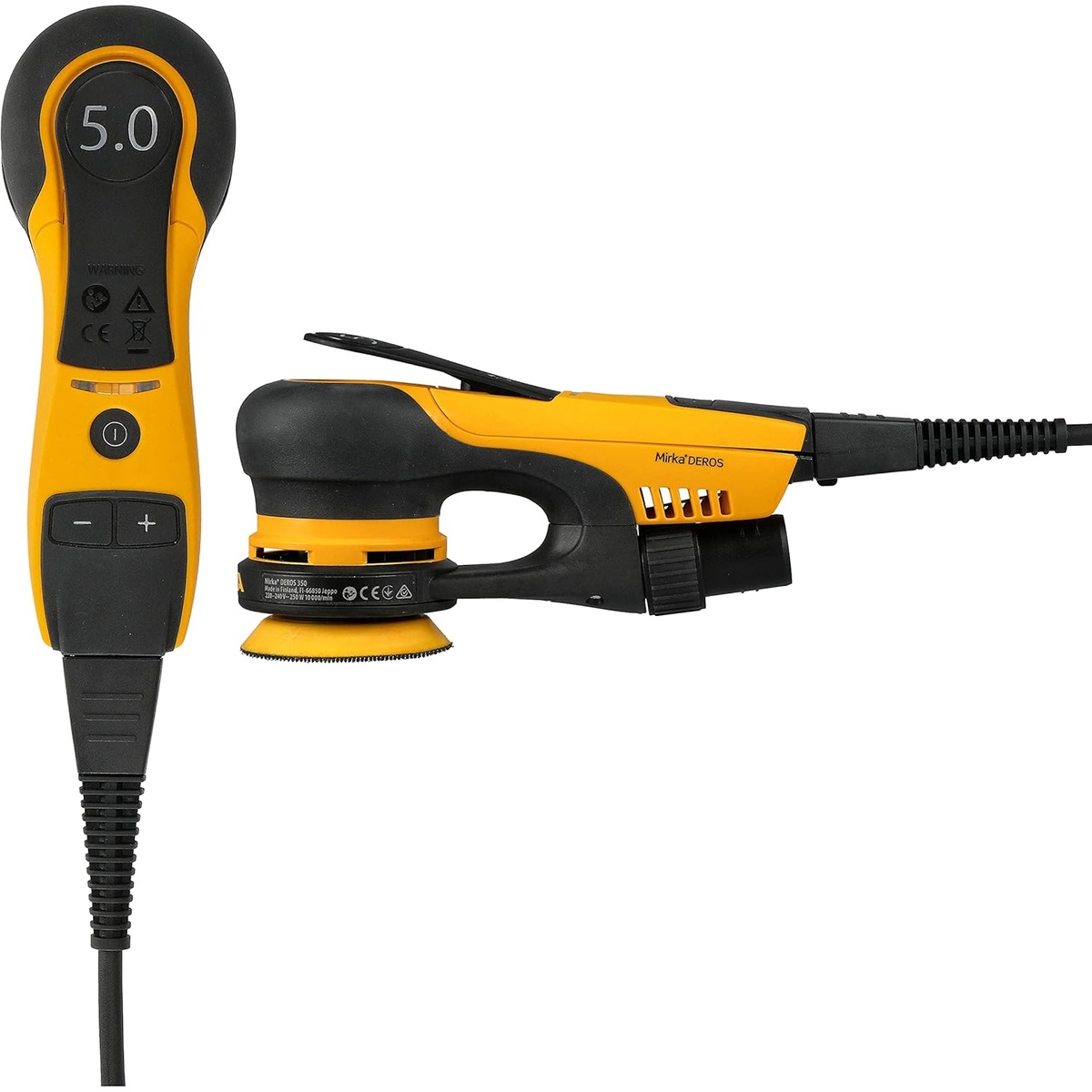 Mirka DEROS 350X CV Electric Random Orbital Sander top and side view showing speed controls and compact corded detail sander layout
