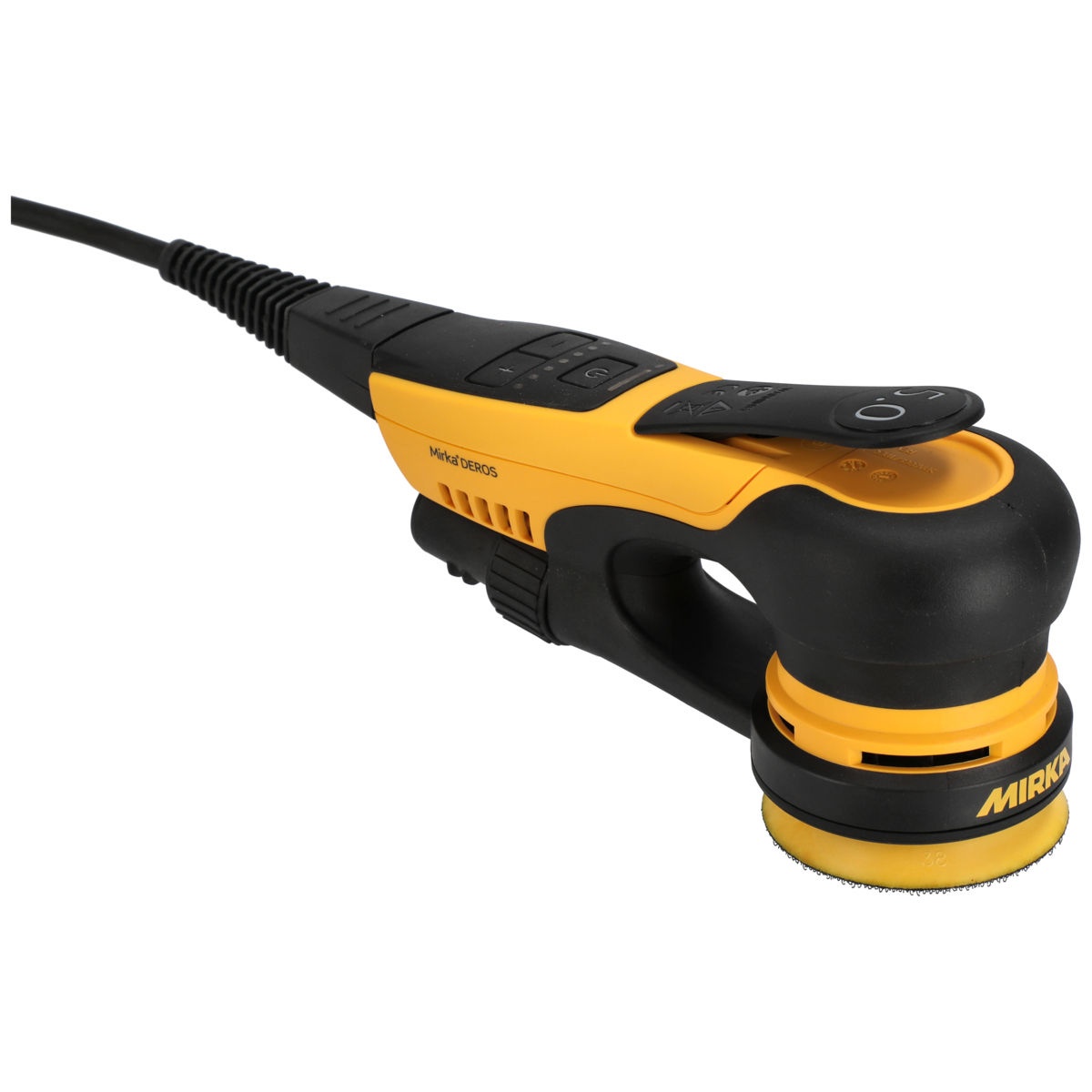 Mirka DEROS II 350X Electric Powered 3 Inch 5mm Orbital Sander positioned for detail sanding and small repair work in tight interior or refinishing spaces
