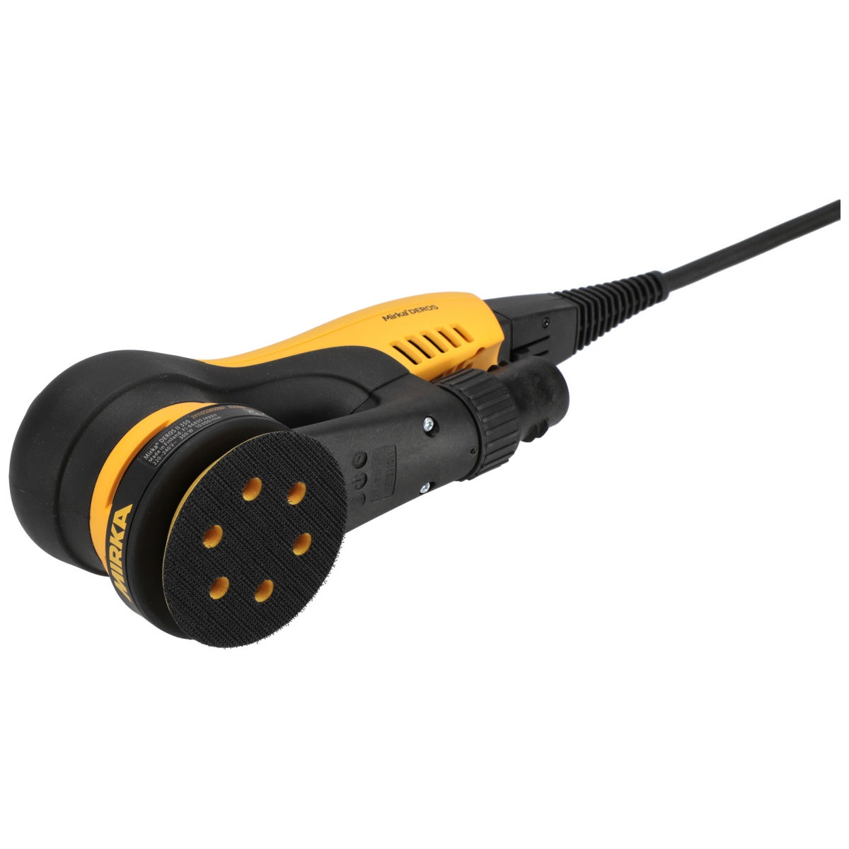 Mirka DEROS II 350X Electric Powered 3 Inch 5mm Orbital Sander pad and dust extraction holes prepared for clean sanding on automotive, furniture, or refinishing work
