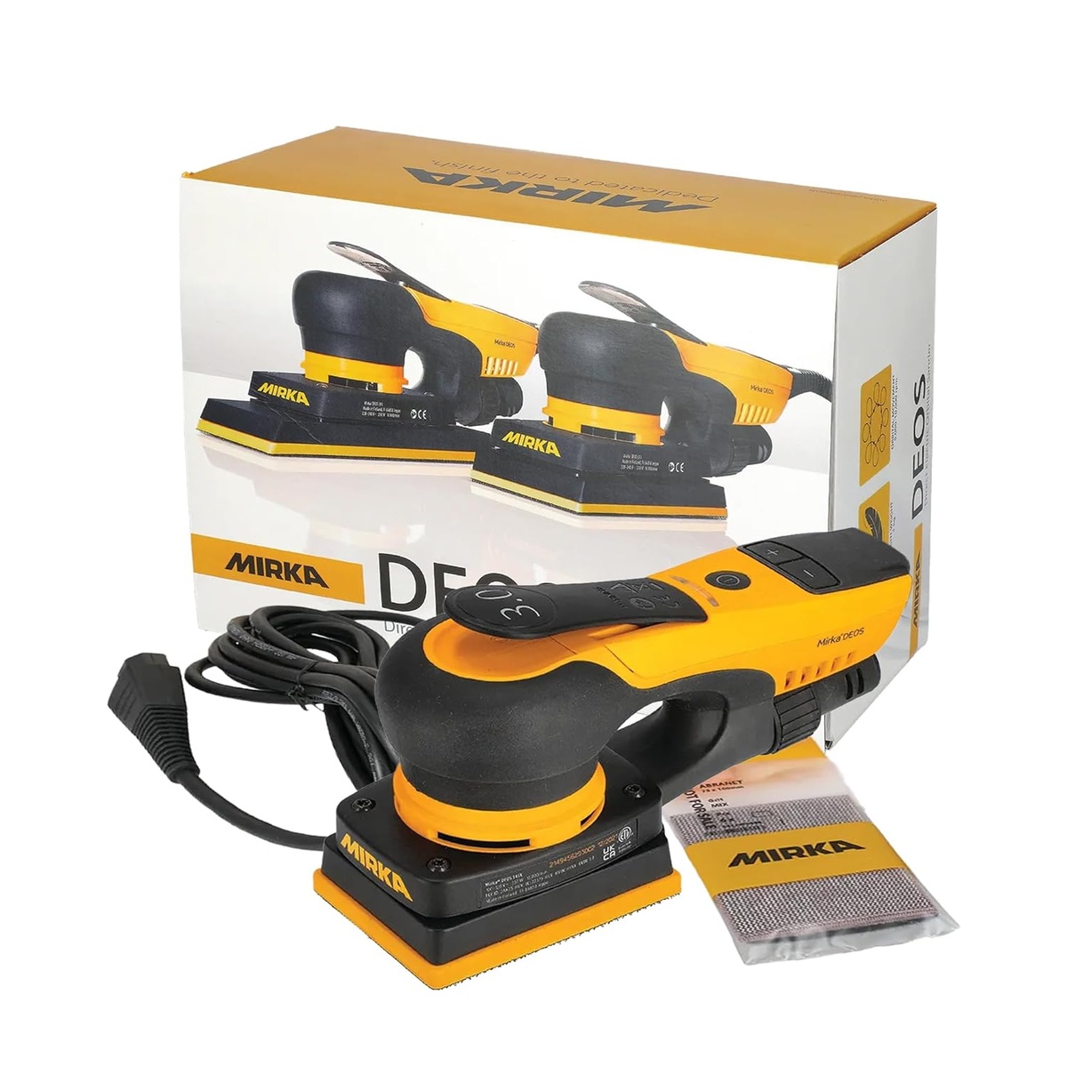 Mirka DEOS 343CV electric orbital sander with 3 x 4 inch pad, cord, and abrasive sample for finish sanding wood trim and furniture parts in a workshop