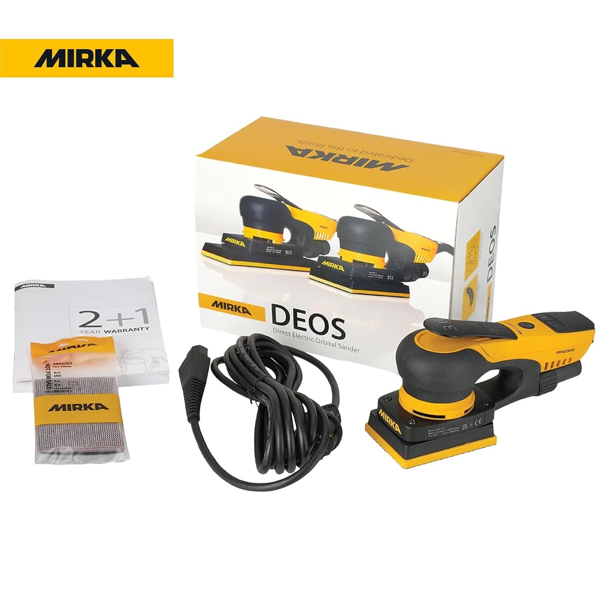 Mirka DEOS 343CV electric orbital sander kit with cord, sample abrasives, and accessories for corded finish sanding on doors, cabinets, and wood surfaces