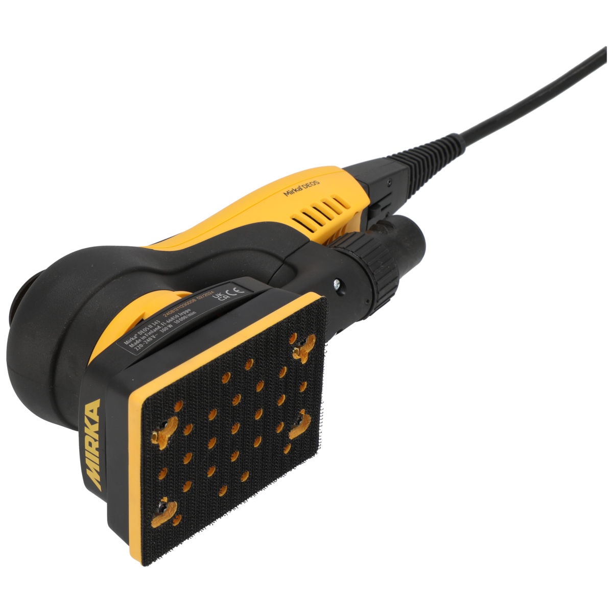 Mirka DEOS II 343X 3 inch x 4 inch electric orbital sander showing the sanding pad and dust holes for finish sanding on trim, doors, and frame work