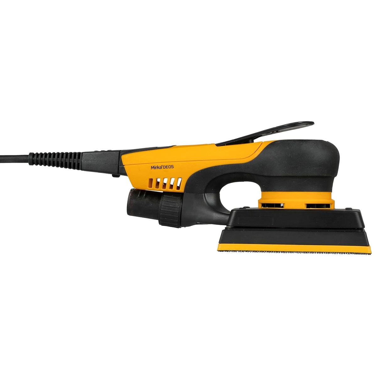 Mirka DEOS Direct Electric Orbital Sander Tool 353XCV / 3 inch x 5 inch / 3mm orbit/Dust-free Sanding / MID3530201US side profile for controlled finish sanding on flat wood panels and trim in a workshop setting