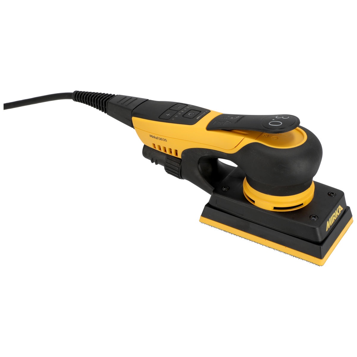 Mirka DEOS II 353X direct orbital sander on a clean work setup showing the low-profile body and 3 inch by 5 inch pad for detailed wood and paint surface sanding