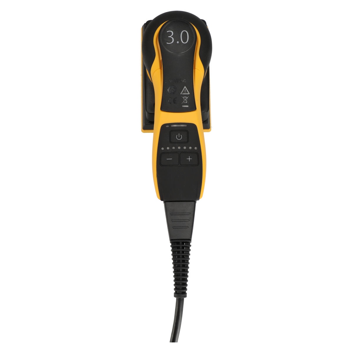 Mirka DEOS II 353X electric orbital sander top view showing speed controls and LED RPM indicators for adjusting sanding speed during woodworking and paint prep