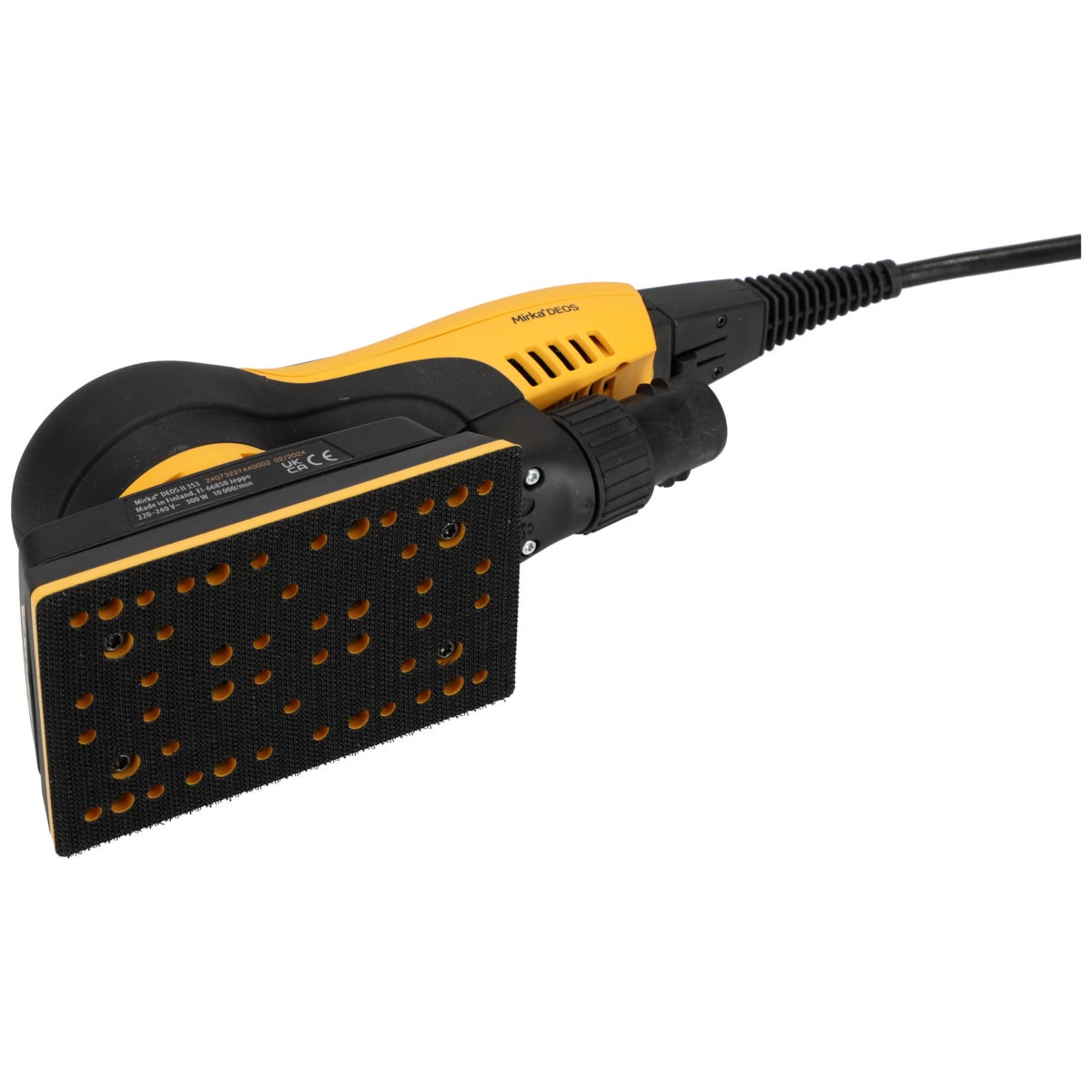 Mirka DEOS II 353X 3 inch x 5 inch direct orbital sander underside showing dust extraction hole pattern and pad design for cleaner sanding with dust extractor connection