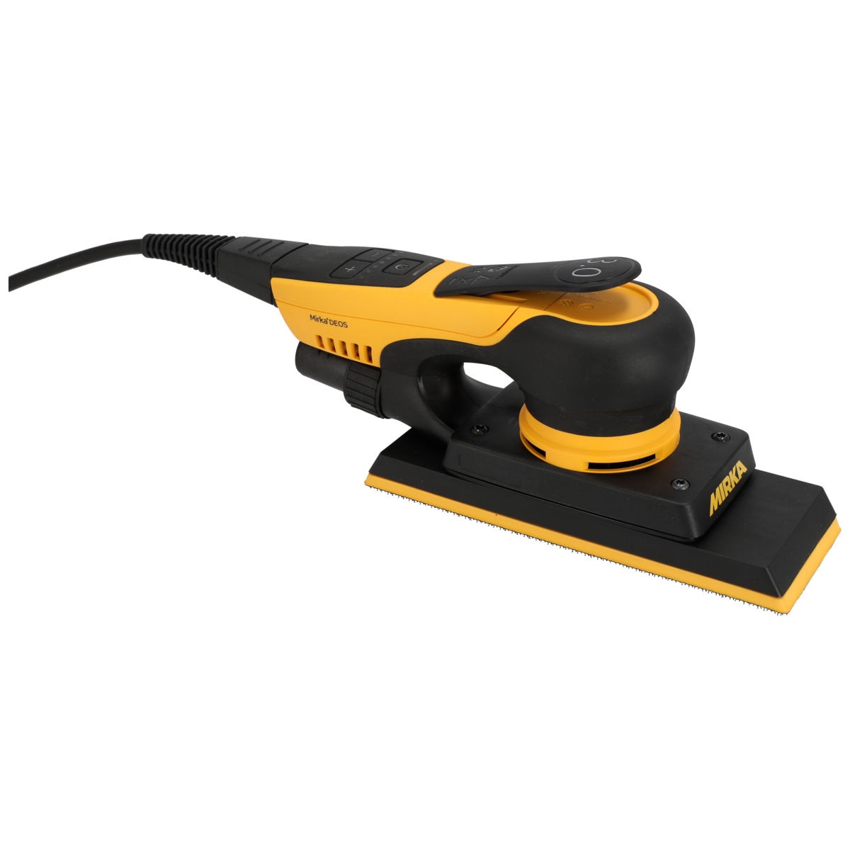 Mirka DEOS II 383X direct orbital sander with rectangular pad for body filler and primer sanding in automotive repair work