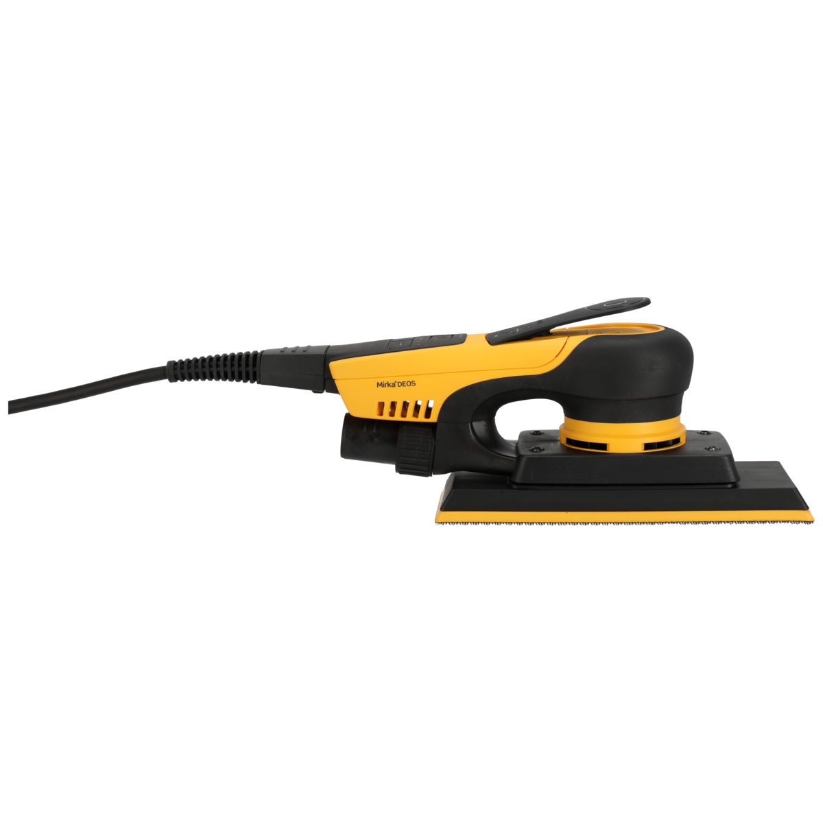 Mirka DEOS II 383X rectangular electric sander side view showing compact body for extended sanding in collision repair and paint prep