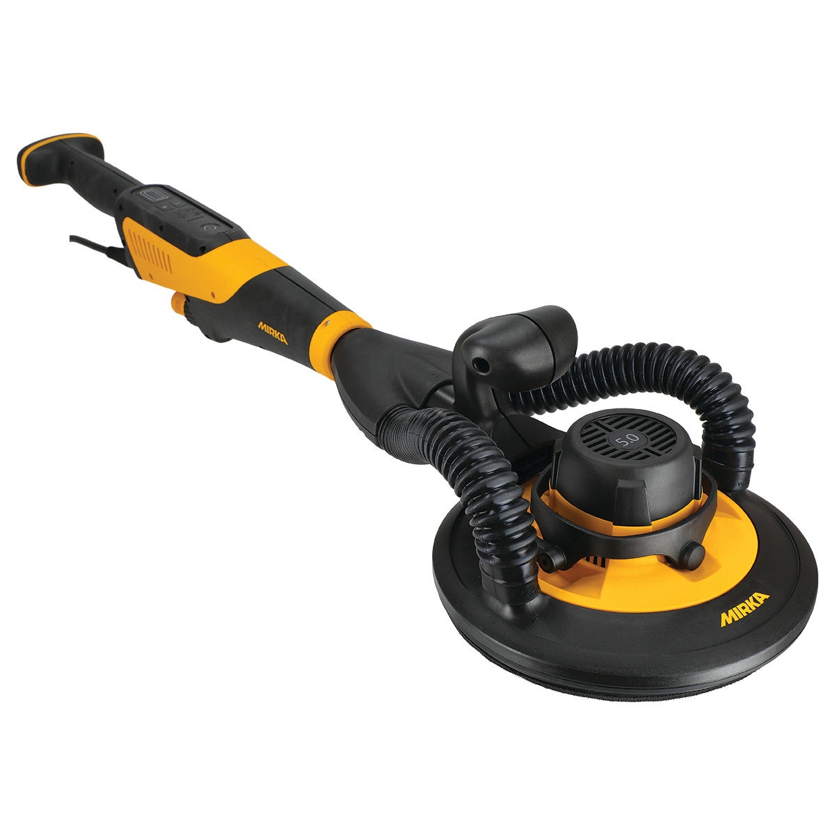 Mirka LEROS-S 950XCV 9 Inch 5mm Wall Sander with Bag shown as a compact wall and ceiling sander for drywall sanding in bathrooms, closets, and other tight interior spaces