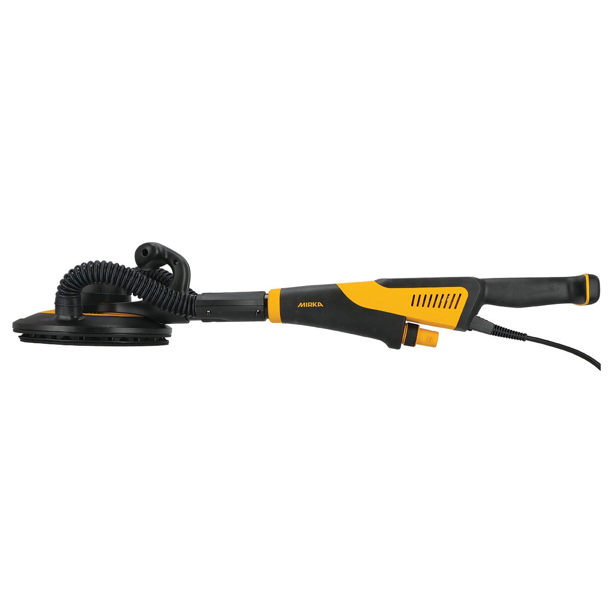 Mirka LEROS-S 950XCV 9 Inch 5mm Wall Sander with Bag showing sanding head and hose routing for vacuum-ready drywall sanding and dust extraction on interior finishing work