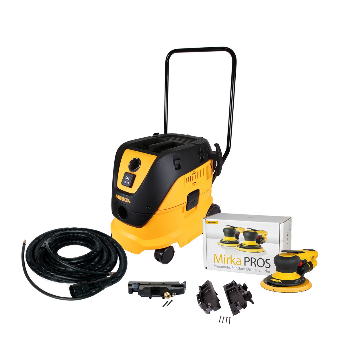Mirka 6 Inch Dust-Free Handle System Pneumatic 5 mm sander with dust extraction setup for shop sanding and surface preparation