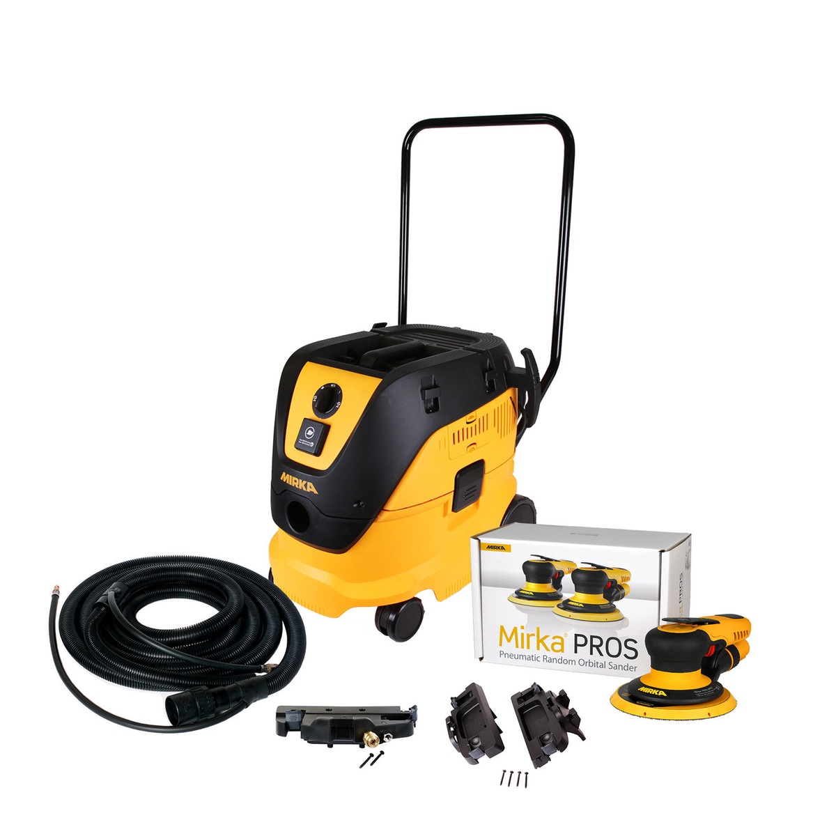 Mirka 6 Inch Dust-Free Handle System with 6 Inch PROS 8 mm pneumatic sanding tool set up for dust-managed sanding in a professional shop environment