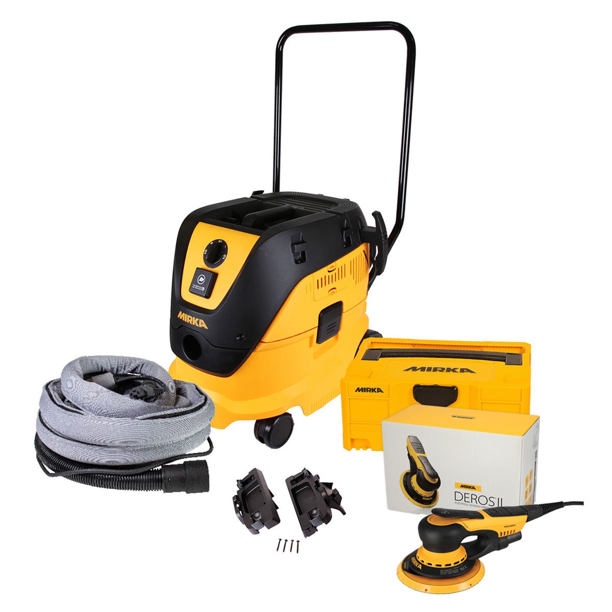 Mirka 6 inch Dust-Free Handle System electric DEROS II 650X with dust extractor, hose, storage case, and sander for controlled sanding setup in shop or jobsite surface prep work