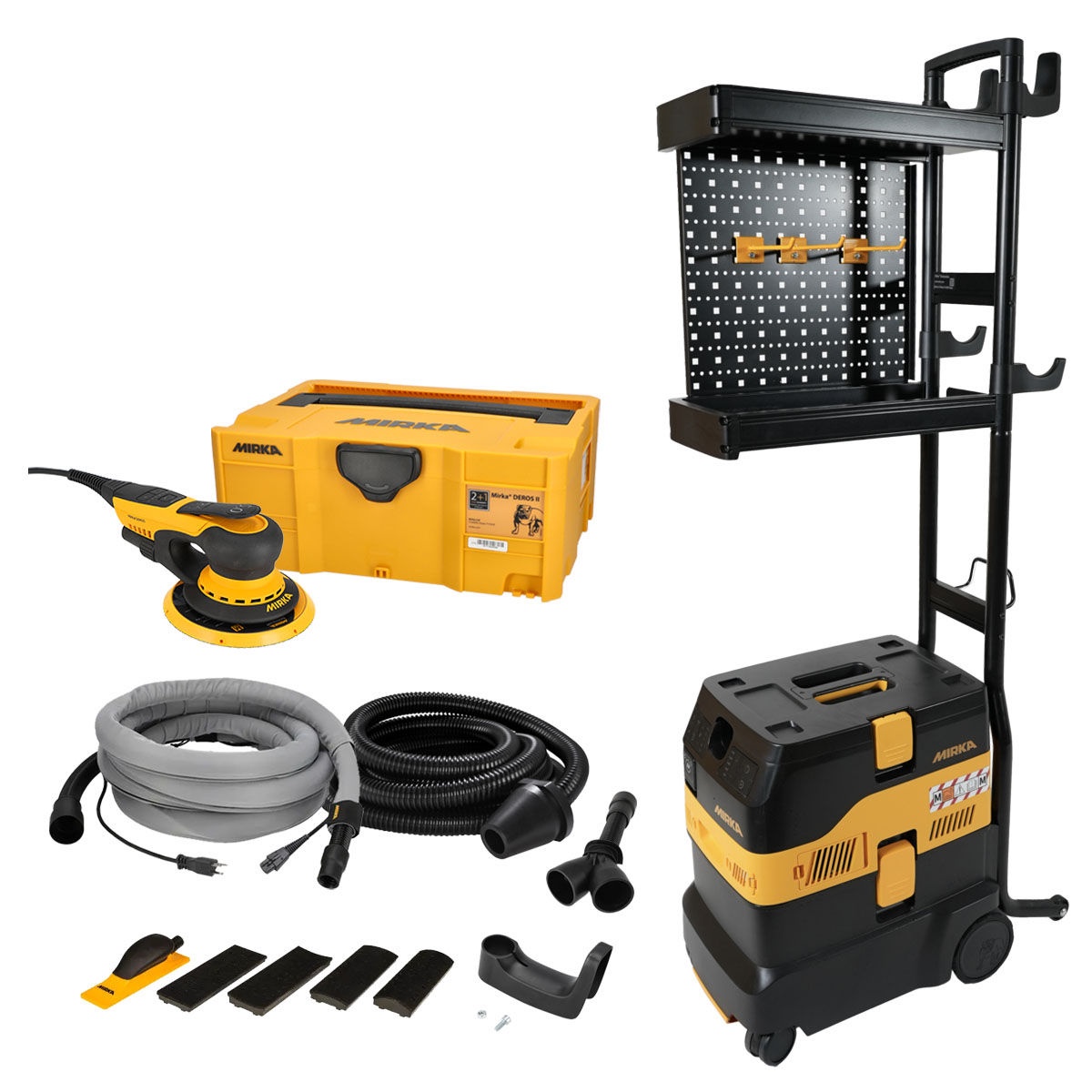 Mirka 6 inch Dust-Free Work Station System electric Gen II with DEROS II sander, DEXOS dust extractor, hose set, and hand sanding accessories for shop sanding and surface preparation