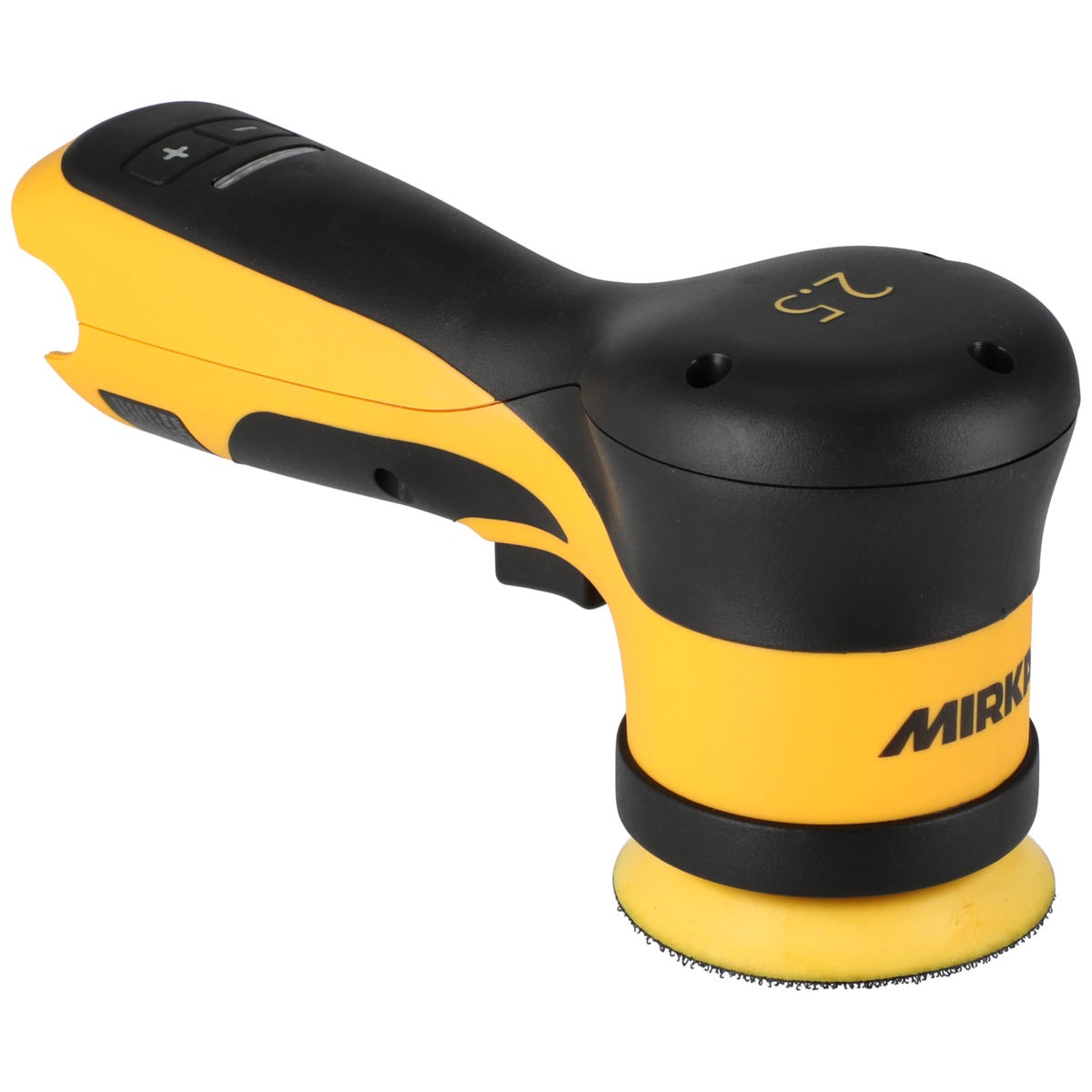 Mirka AROS-B 325 3 inch max 12V Orbit 2.5 mm random orbital sander with compact backing pad for detail sanding and spot repair work in an automotive refinishing shop