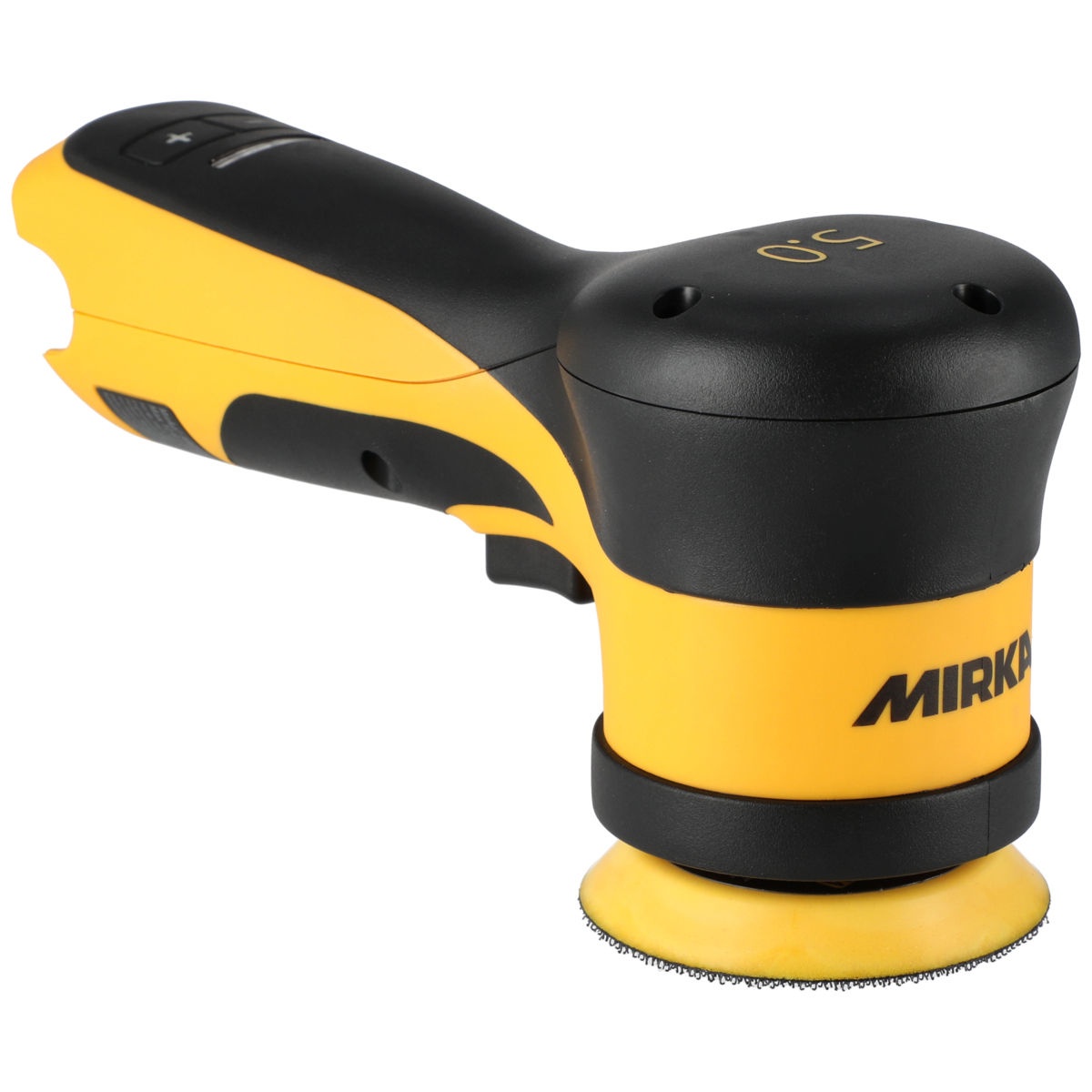 Mirka AROS-B 350 3 inch 12V 5mm sander positioned for small-area sanding and repair work in automotive refinishing and post-paint applications