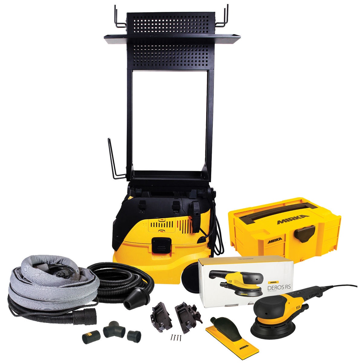 Mirka RS Dust-Free Work Station System electric sanding station with dust extractor, sander, hose, and storage setup for organized dust-free surface preparation in a workshop