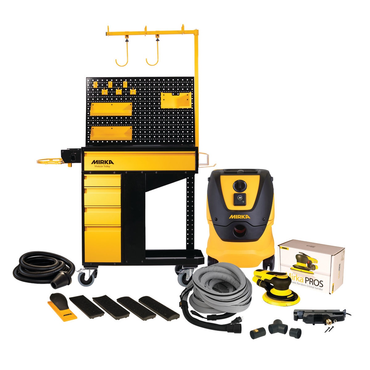 Mirka MUS-6 inch Dust-Free Trolley Pro System 8mm with trolley, dust extractor, hose, and pneumatic sander arranged for workshop sanding and dust collection