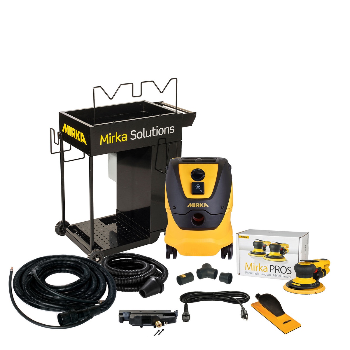 Mirka 6 inch Dust-Free Cart System pneumatic 5 mm with cart, dust extractor, hoses, and Mirka PROS random orbital sander for shop sanding and surface preparation