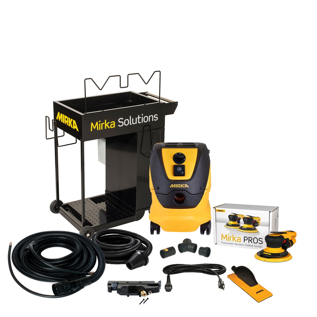 Mirka 6 inch Dust-Free Cart System pneumatic 8mm with PROS random orbital sander, dust extractor, cart, hoses, and fittings for shop sanding and surface preparation