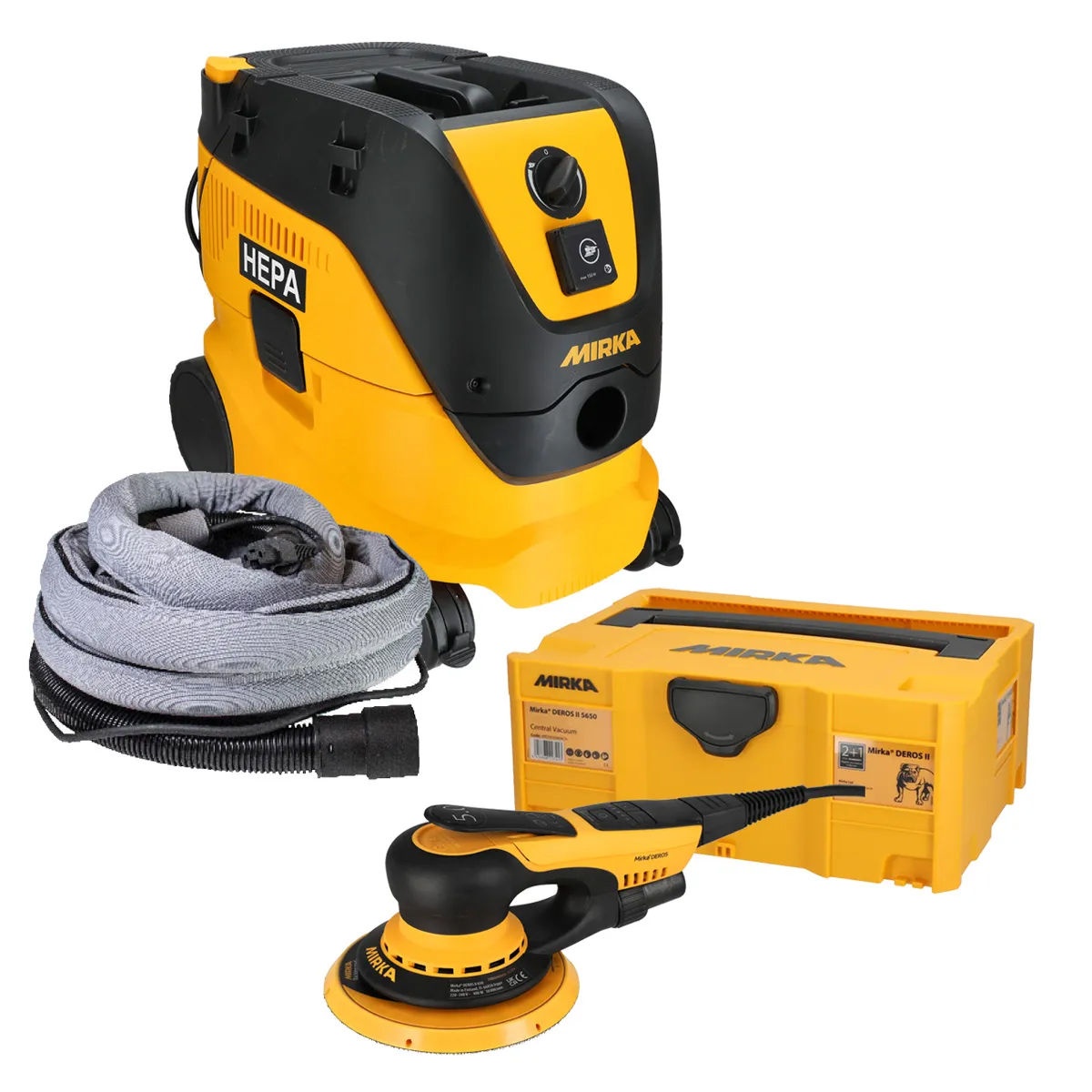 Mirka 6 inch Dust-Free Basic System electric DEROS II 650X with sander, HEPA dust extractor, hose, and case for shop sanding and surface preparation