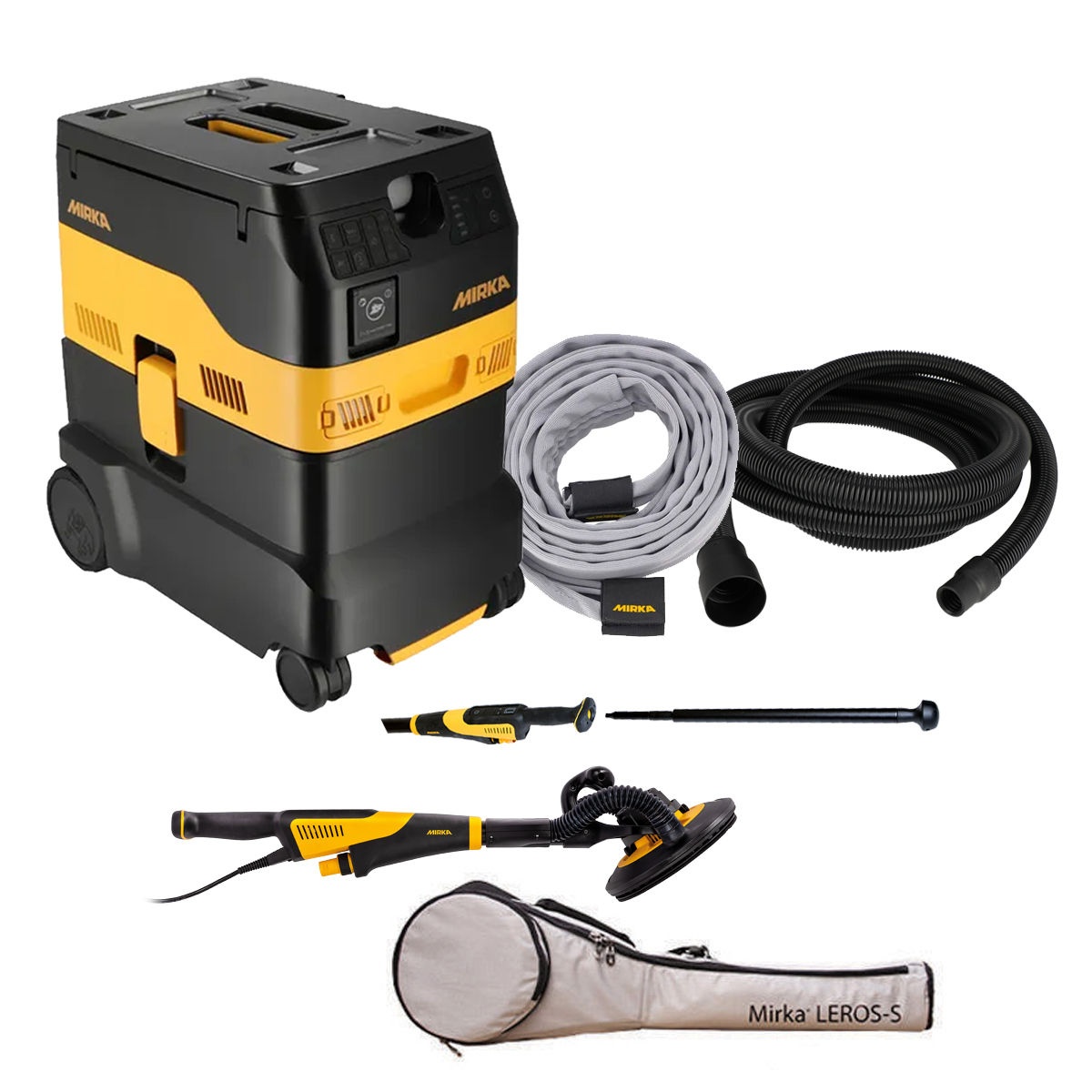 Mirka 9 inch Dust-Free Basic System LEROS-S plus DEXOS 1230 wall and ceiling sanding kit with extractor, hose, sander, extension, and carrying bag for interior surface preparation