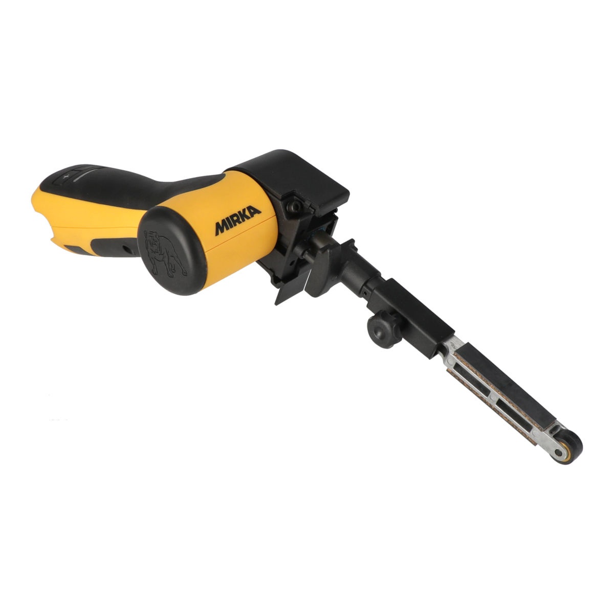Mirka FBS-B 13 Cordless File Belt Sander angled view showing the narrow 0.5 x 18 inch belt arm for spot weld grinding and seam work in auto body repair