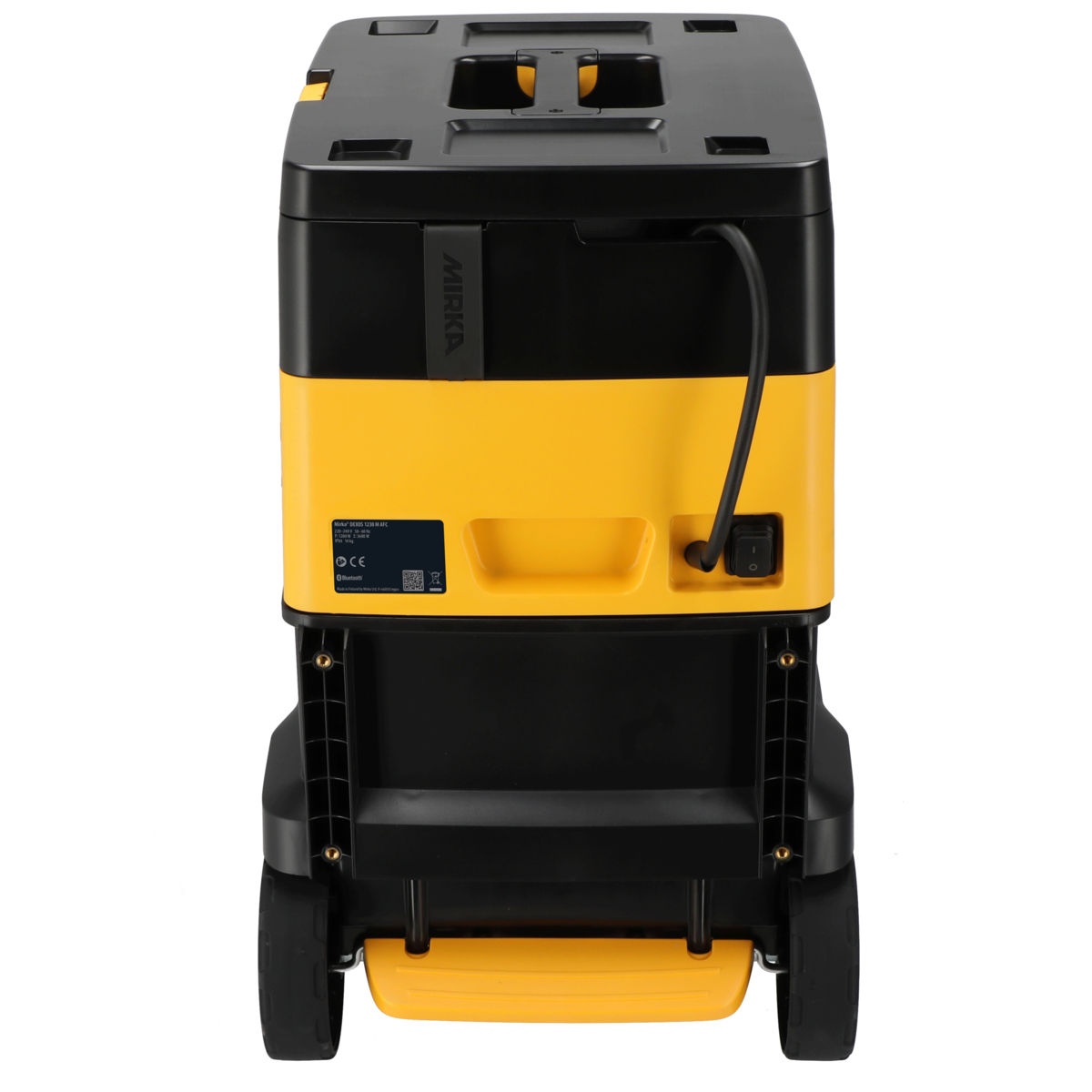 Rear view of Mirka DEXOS 1217X M HEPA Dust Extractor showing compact mobile design for shop and jobsite dust extraction
