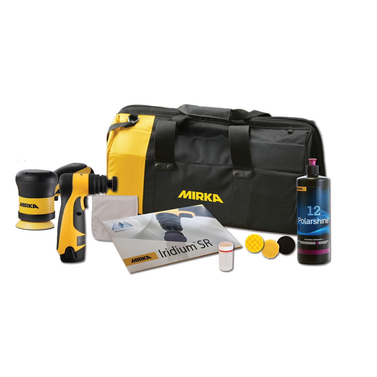 Mirka Battery Powered Repair Kit with cordless sander, cordless polisher, abrasives, polishing pads, polishing compound, and carry bag for automotive spot repair and final finish work