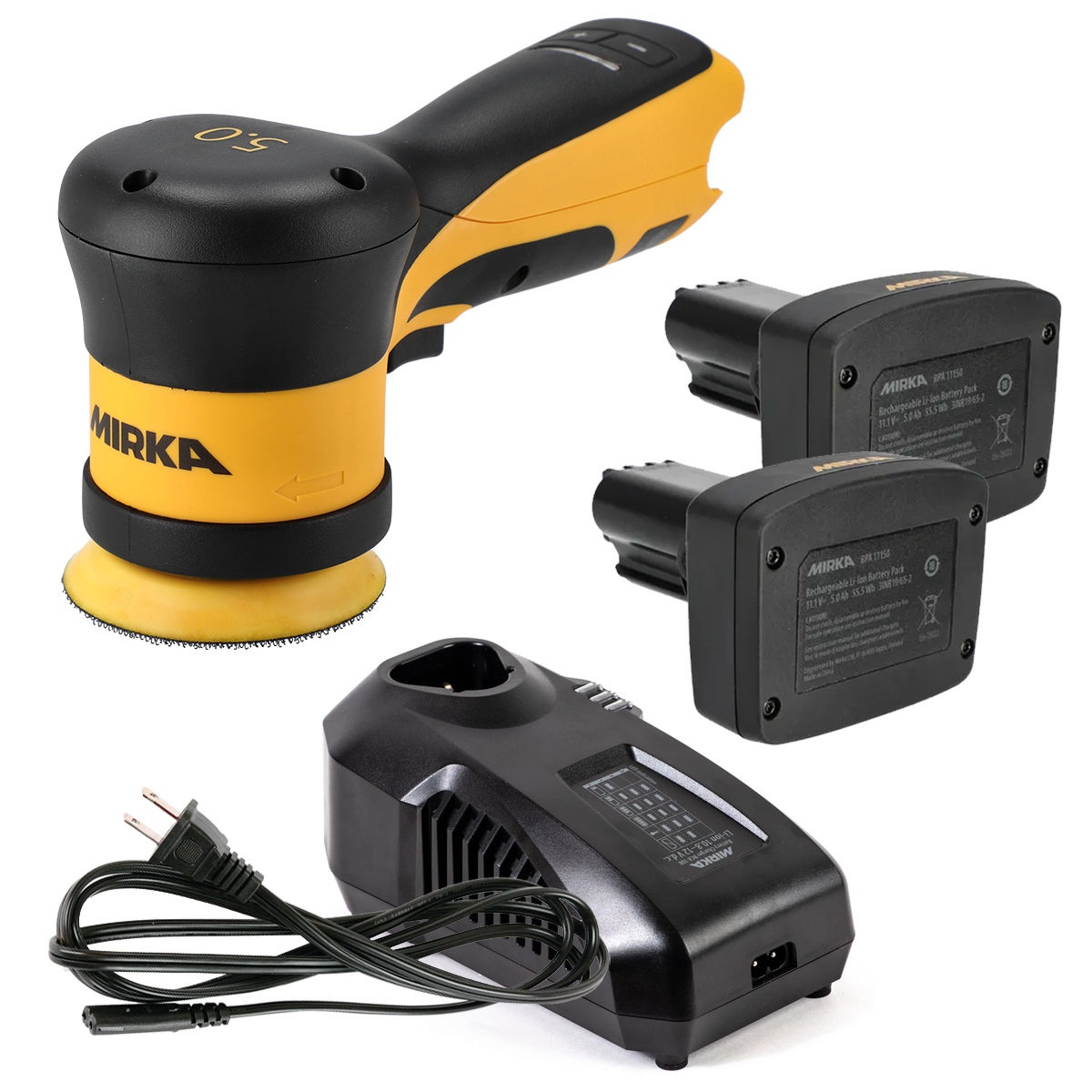 Mirka AROS-B 350 3 in 12V 5mm Sander with Batteries and Charger kit with compact random orbital sander, two batteries, and charger for mobile automotive sanding and surface prep
