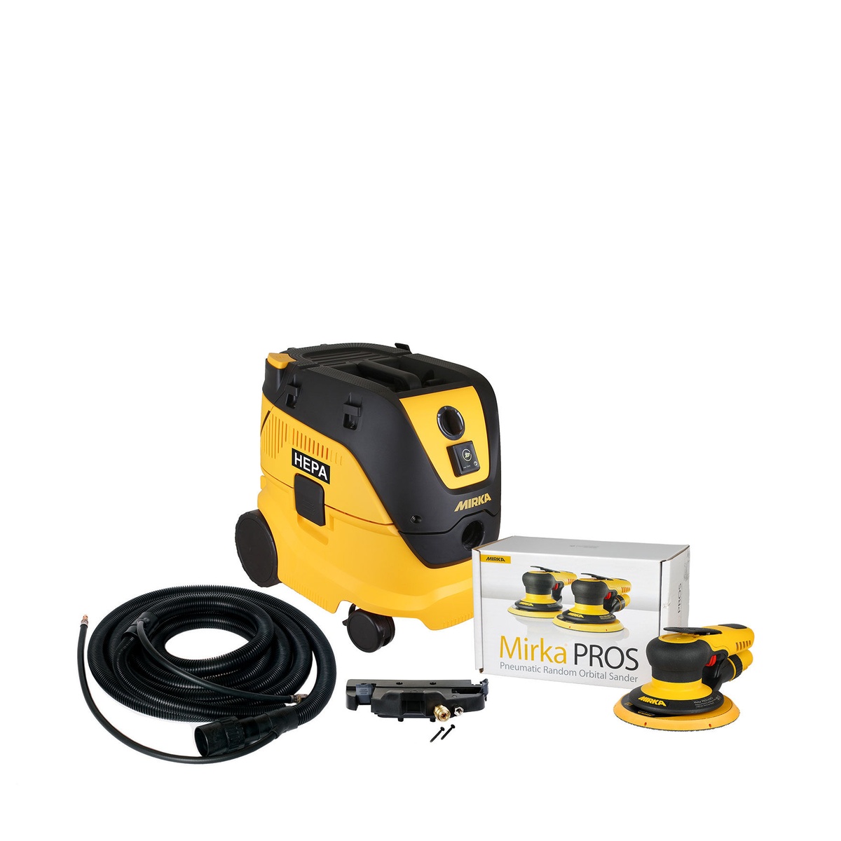 Mirka 6 inch Dust-Free Basic System pneumatic 5mm random orbital sander with HEPA dust extractor, hose, and accessories for dust-controlled sanding in a professional shop