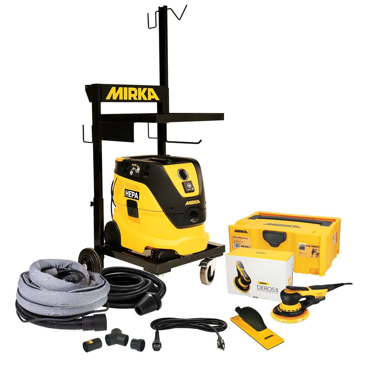 Mirka 6 inch Dust-Free Trolley System electric DEROS II 650X with mobile trolley, dust extractor, hose, and sander arranged for shop sanding and dust-controlled surface prep