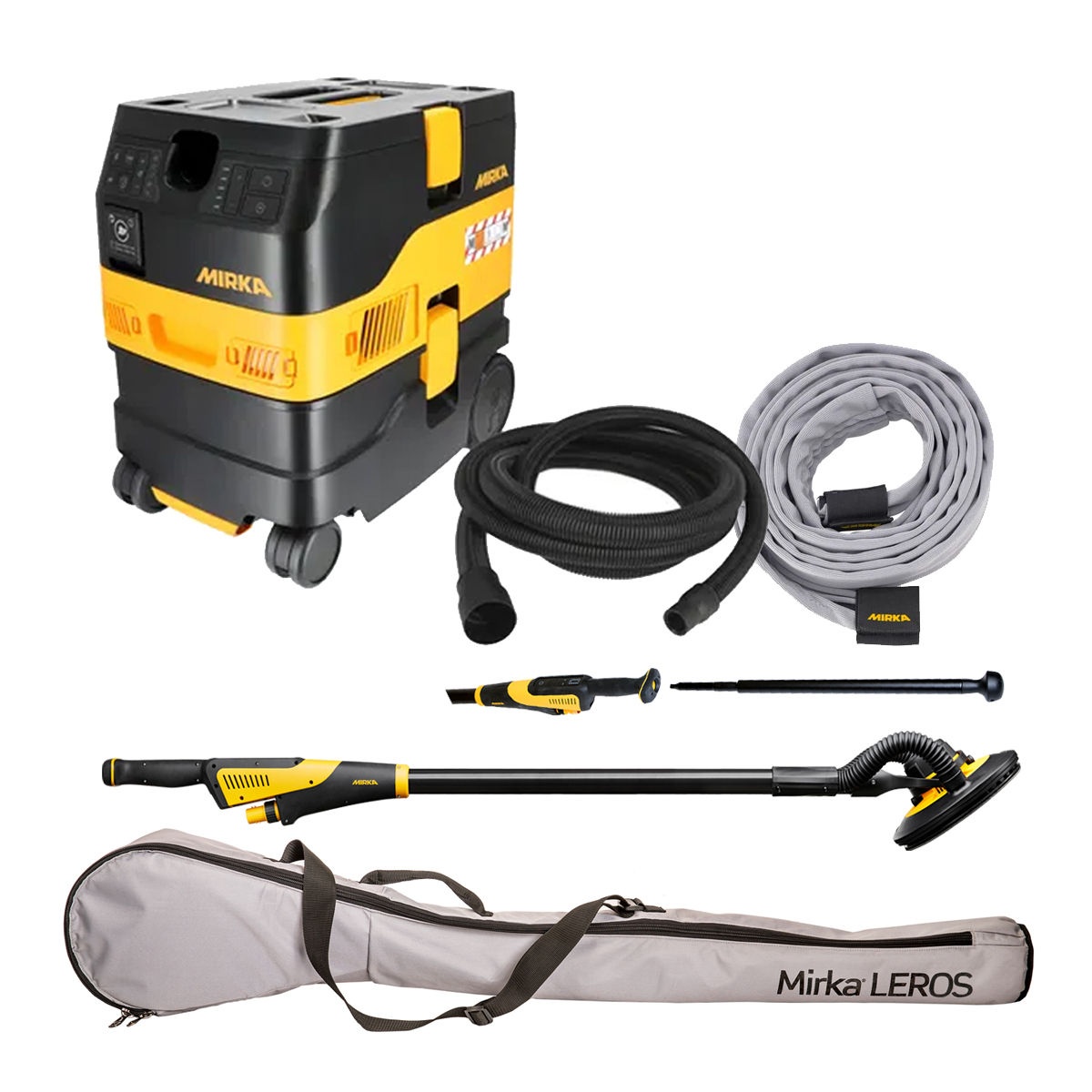 Mirka 9 inch Dust-Free Basic System with LEROS wall and ceiling sander, DEXOS 1217 dust extractor, hose, sleeve, and carrying bag for drywall and interior surface sanding