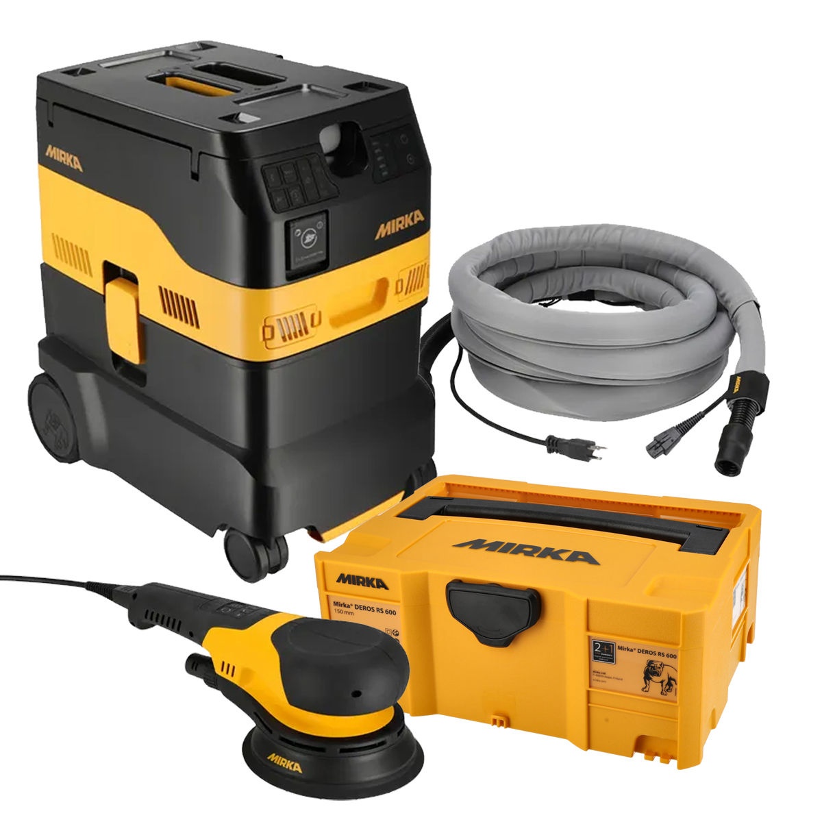 Mirka 6 inch RS Dust-Free Basic System electric Gen II with rotary sander, dust extractor, hose, and case set up for dust-controlled sanding in a shop or jobsite environment