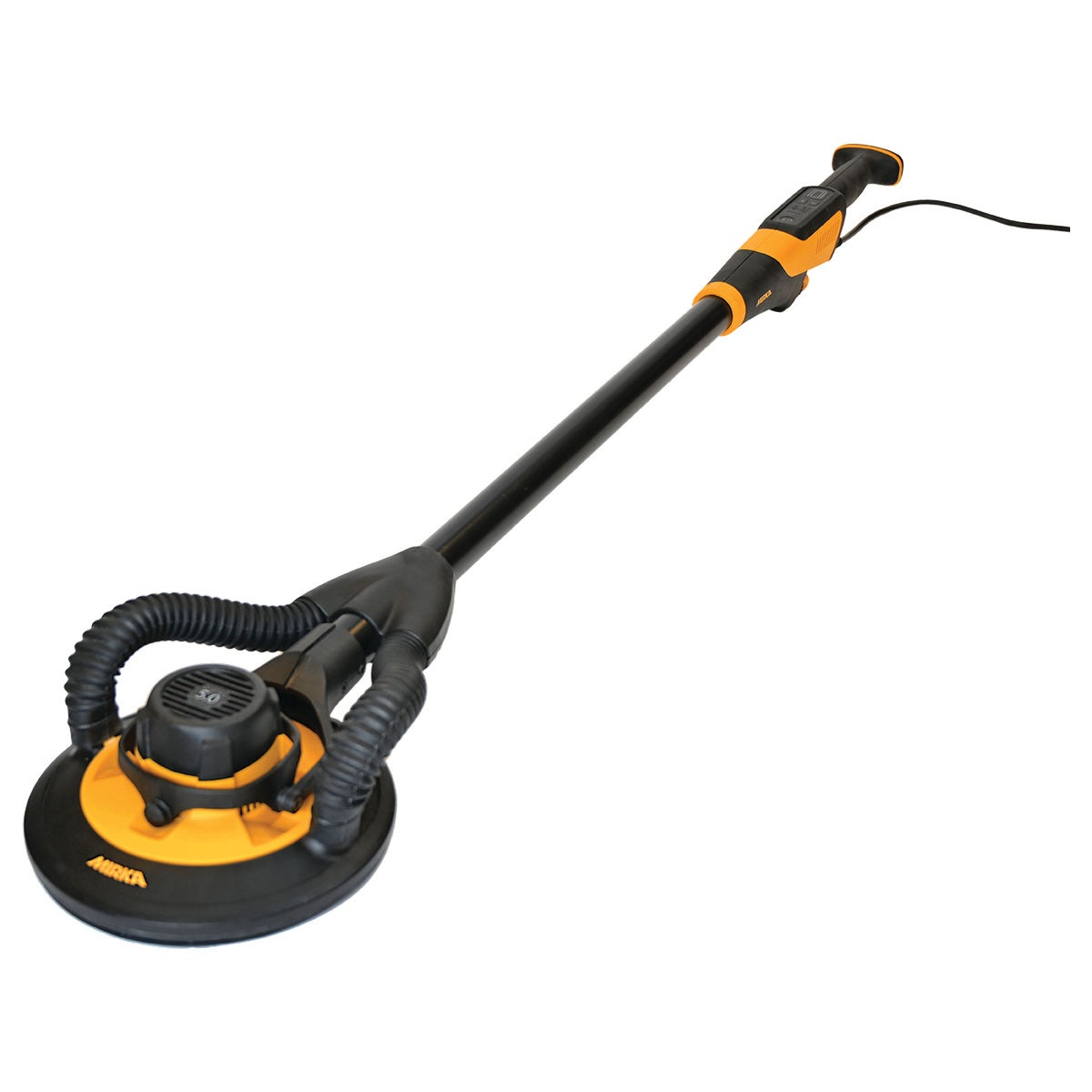 Mirka LEROS 950XCV 9 in 5 mm Wall Sander with Bag showing vacuum-ready sanding head for drywall dust extraction