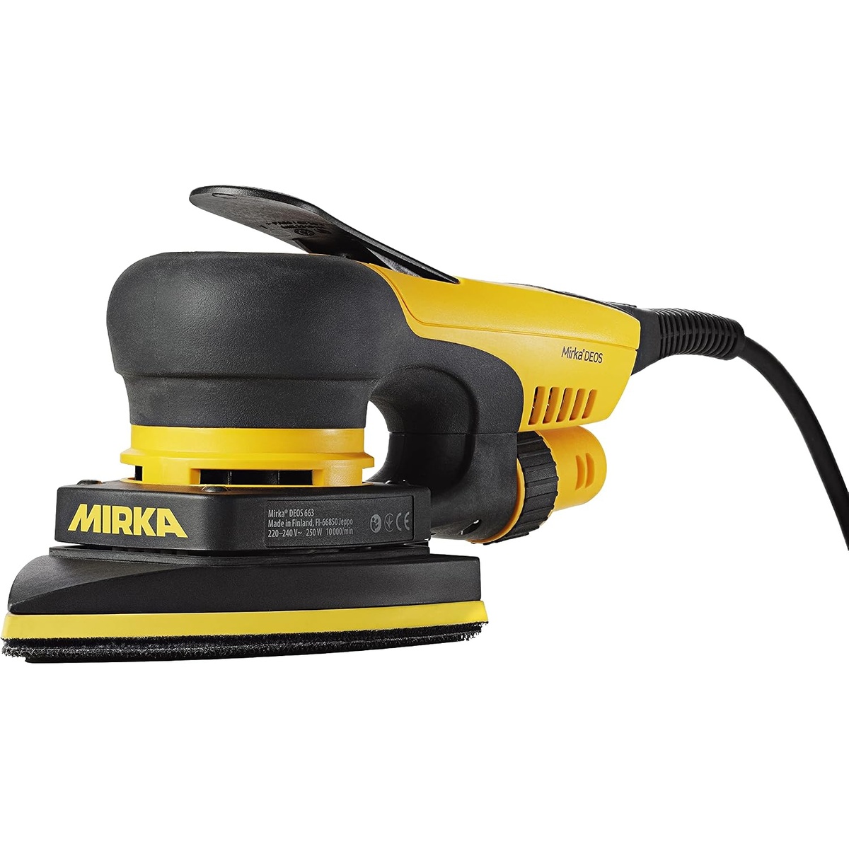 Mirka DEOS Delta 663XCV Orbital Sander side view showing compact body and vacuum-ready dust collection connection for dust-controlled finish sanding