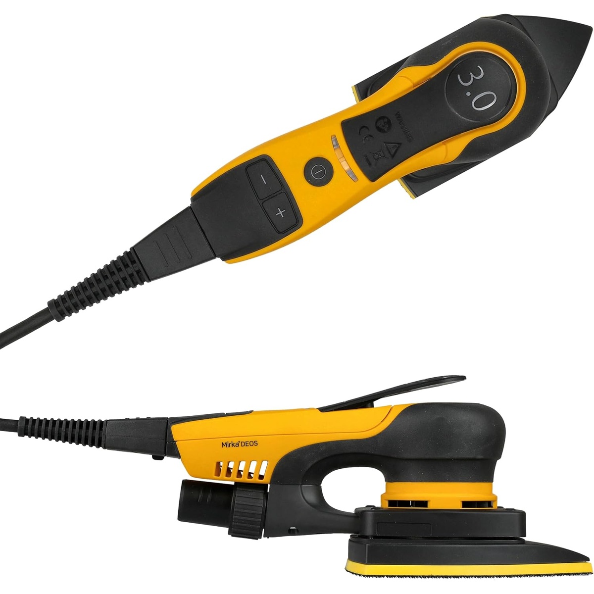 Mirka DEOS Delta 663XCV Orbital Sander top controls and low-profile body for controlled sanding on trim, drywall patches, and painted surfaces