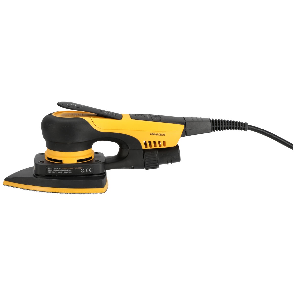 Mirka DEOS II 663X 4 Inch x 6 Inch x 6 Inch 3.0 mm Direct Orbital Sander side profile showing compact body for controlled sanding on vertical trim and tight work areas
