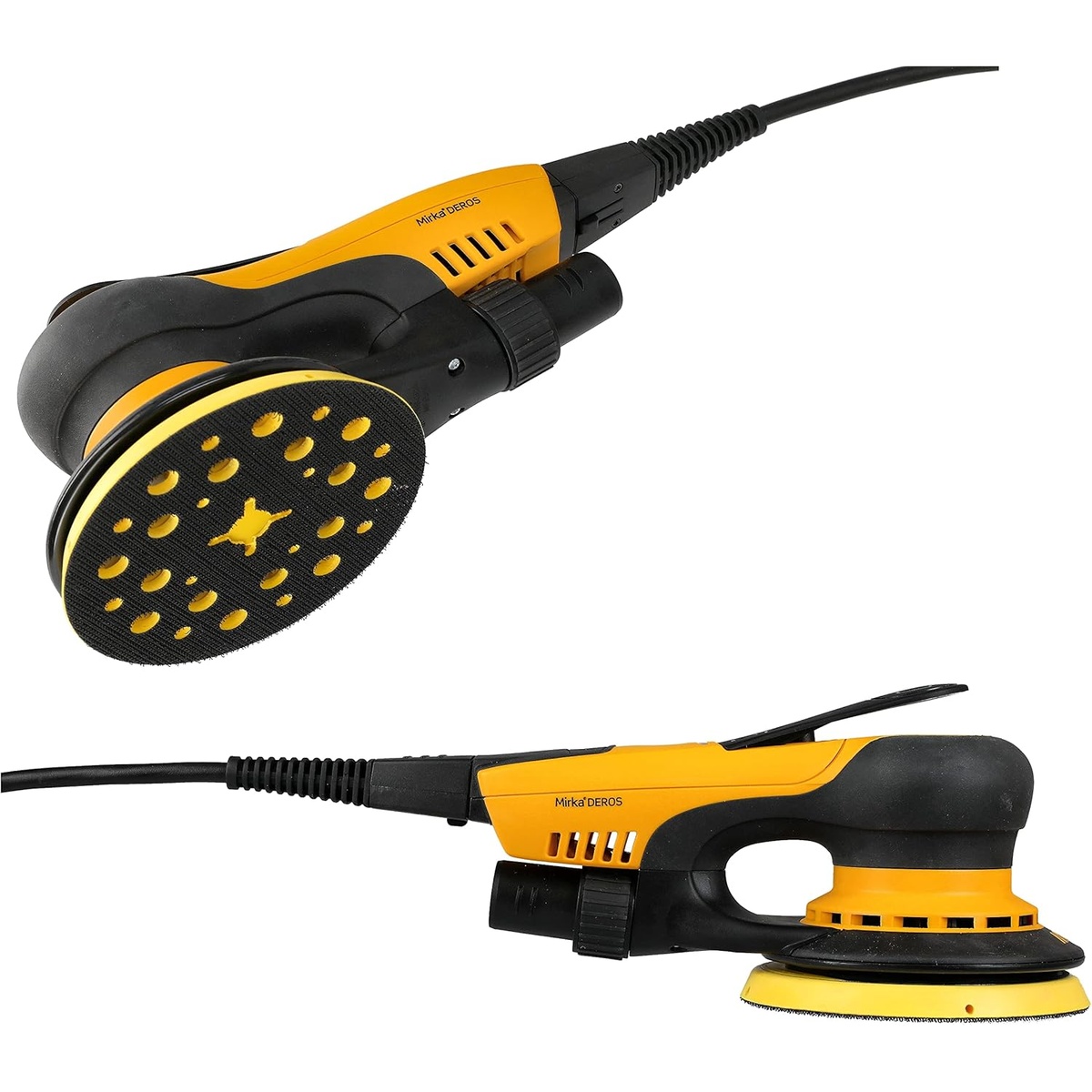 Mirka DEROS 550CV random orbital sander with 5 inch backing pad and vacuum port for dust extraction in shop use