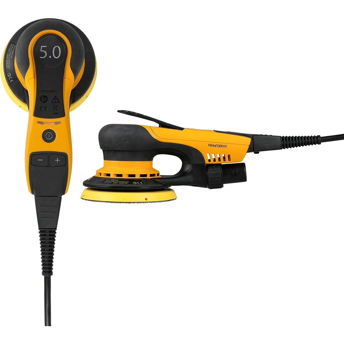 Mirka DEROS 550CV random orbital sander showing top controls and 5 inch sanding pad for finish sanding tasks
