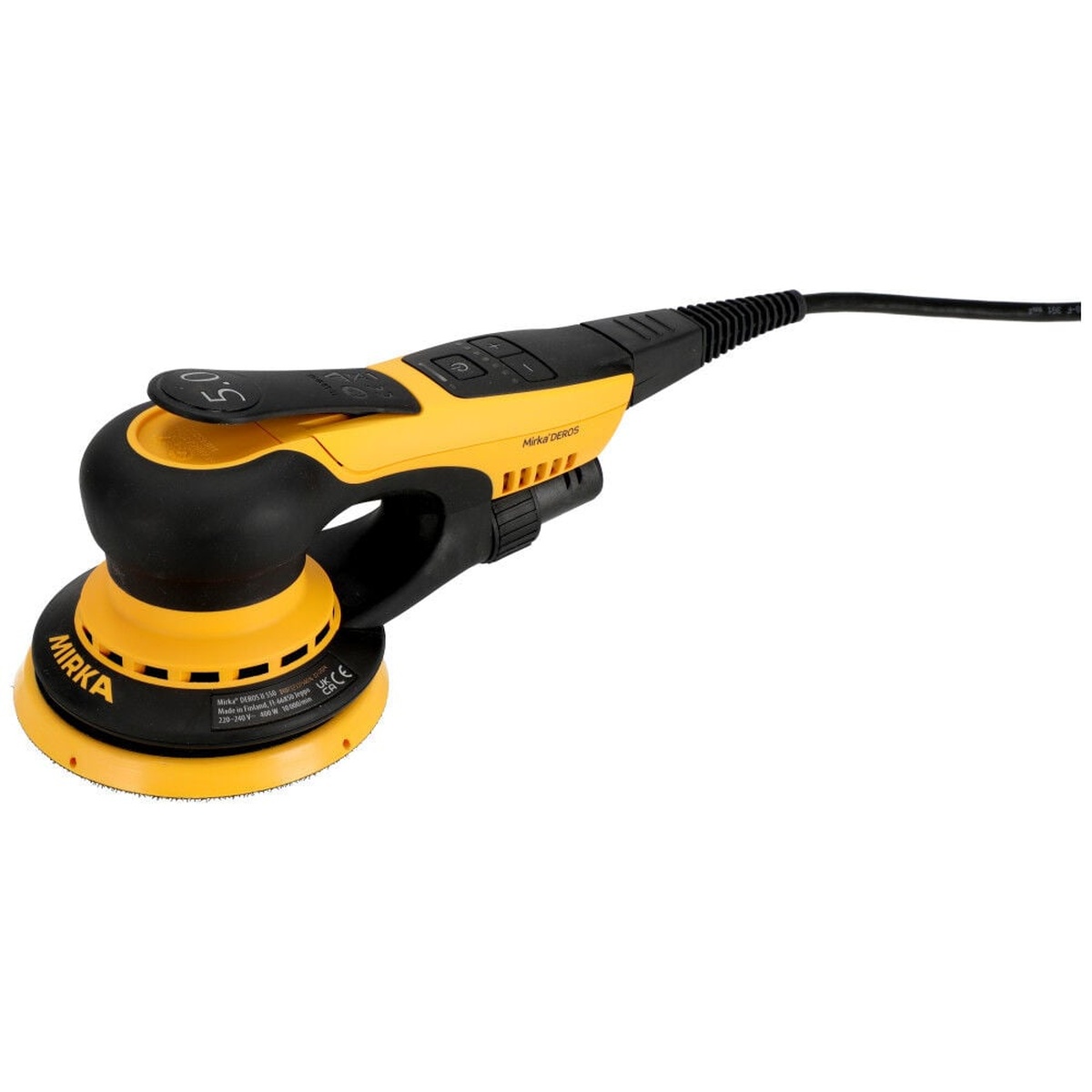 Mirka DEROS II 550X Electric Powered 5 Inch 5mm Orbital Sander with Case showing top controls for speed adjustment during finish sanding work