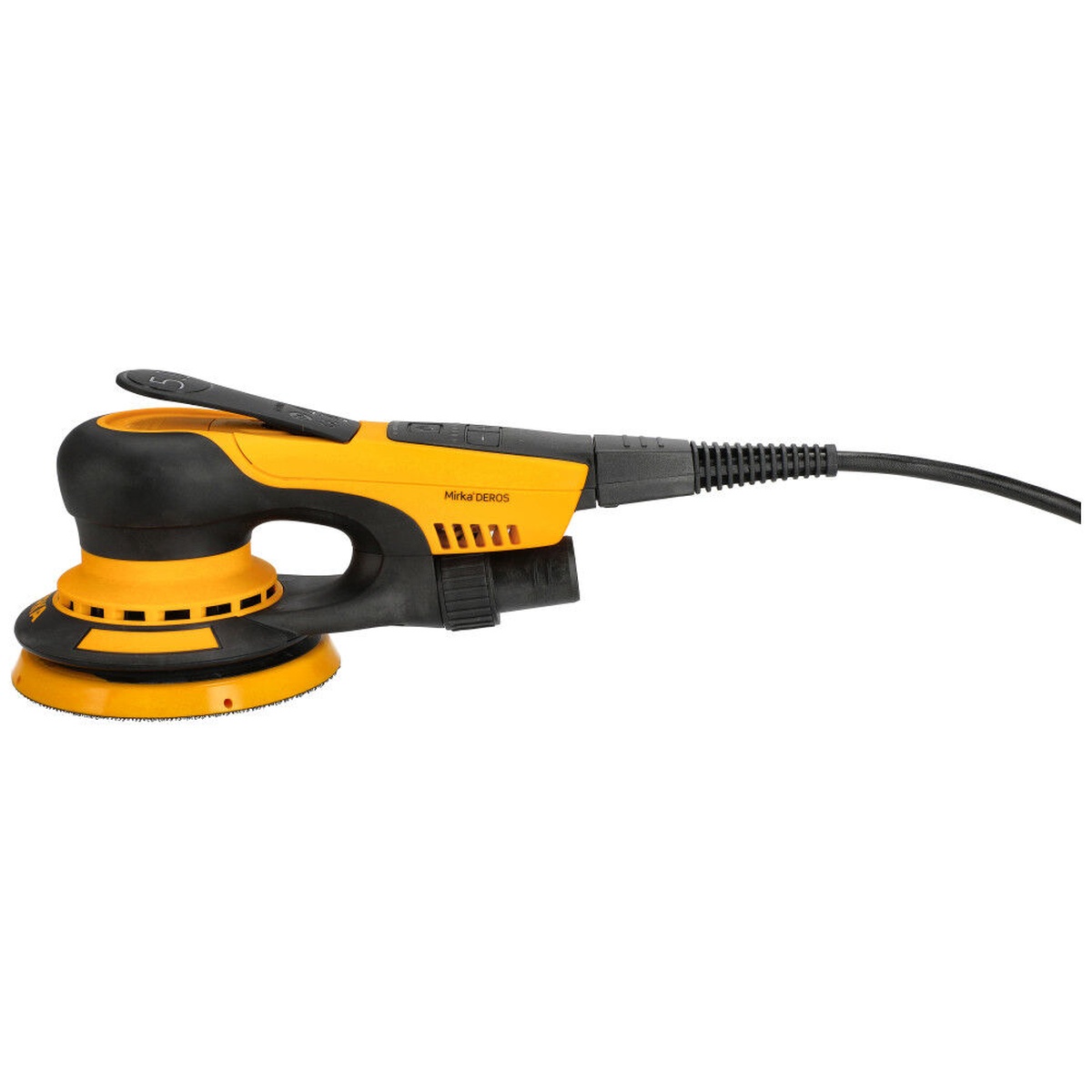 Mirka DEROS II 550X Electric Powered 5 Inch 5mm Orbital Sander with Case connected for dust-controlled sanding in woodworking and refinishing applications