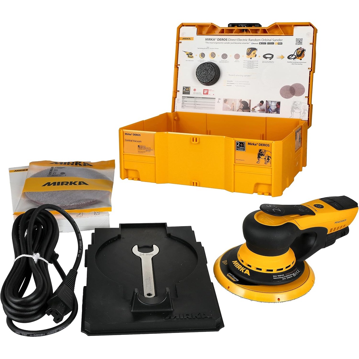 Mirka DEROS 625X CV Electric Random Orbital Sander kit with storage case, power cord, and wrench for professional shop transport and setup