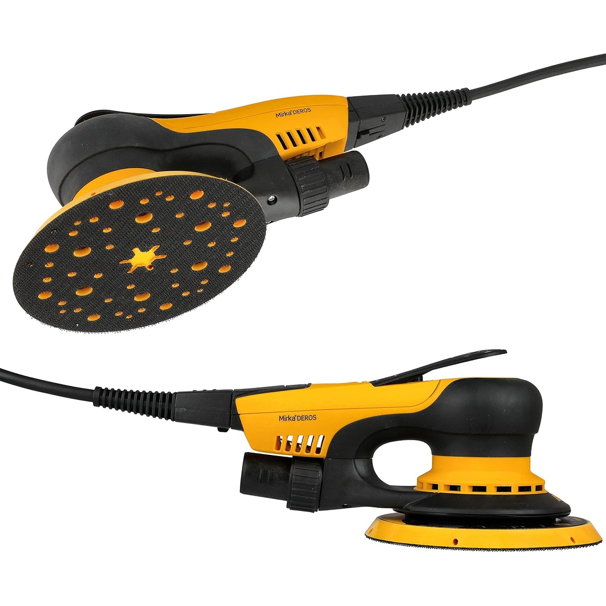 Mirka DEROS 625X CV Electric Random Orbital Sander showing the 6 inch backing pad and dust extraction pattern for fine sanding applications