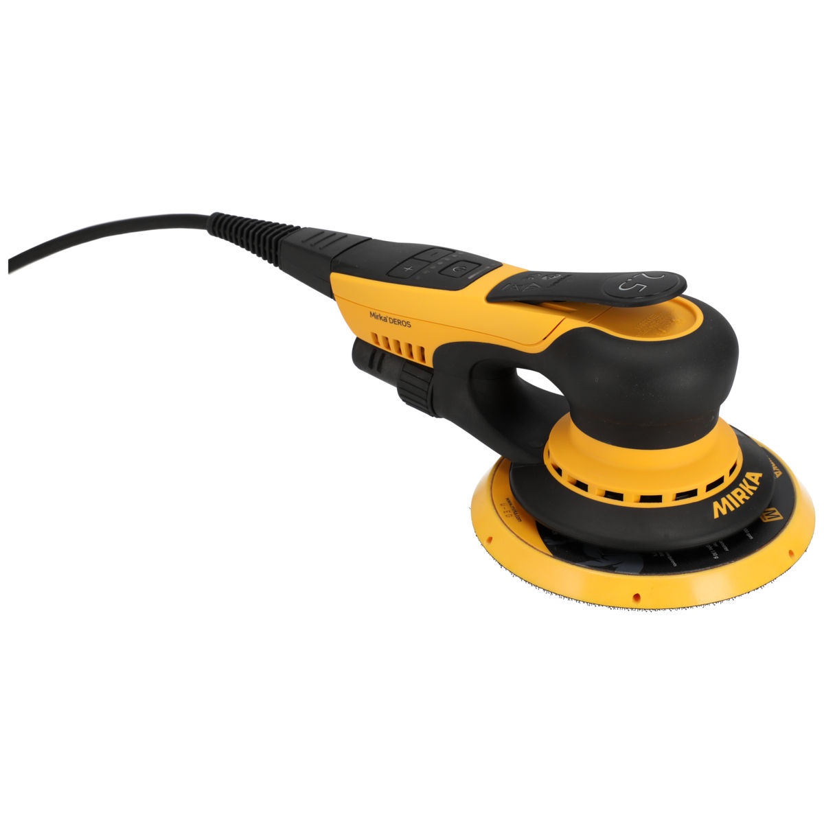 Mirka DEROS II 625X Electric Powered 6 Inch 2-1/2 mm Orbital Sander with Case shown as a corded 6 inch finishing sander for fine sanding and prepolishing tasks